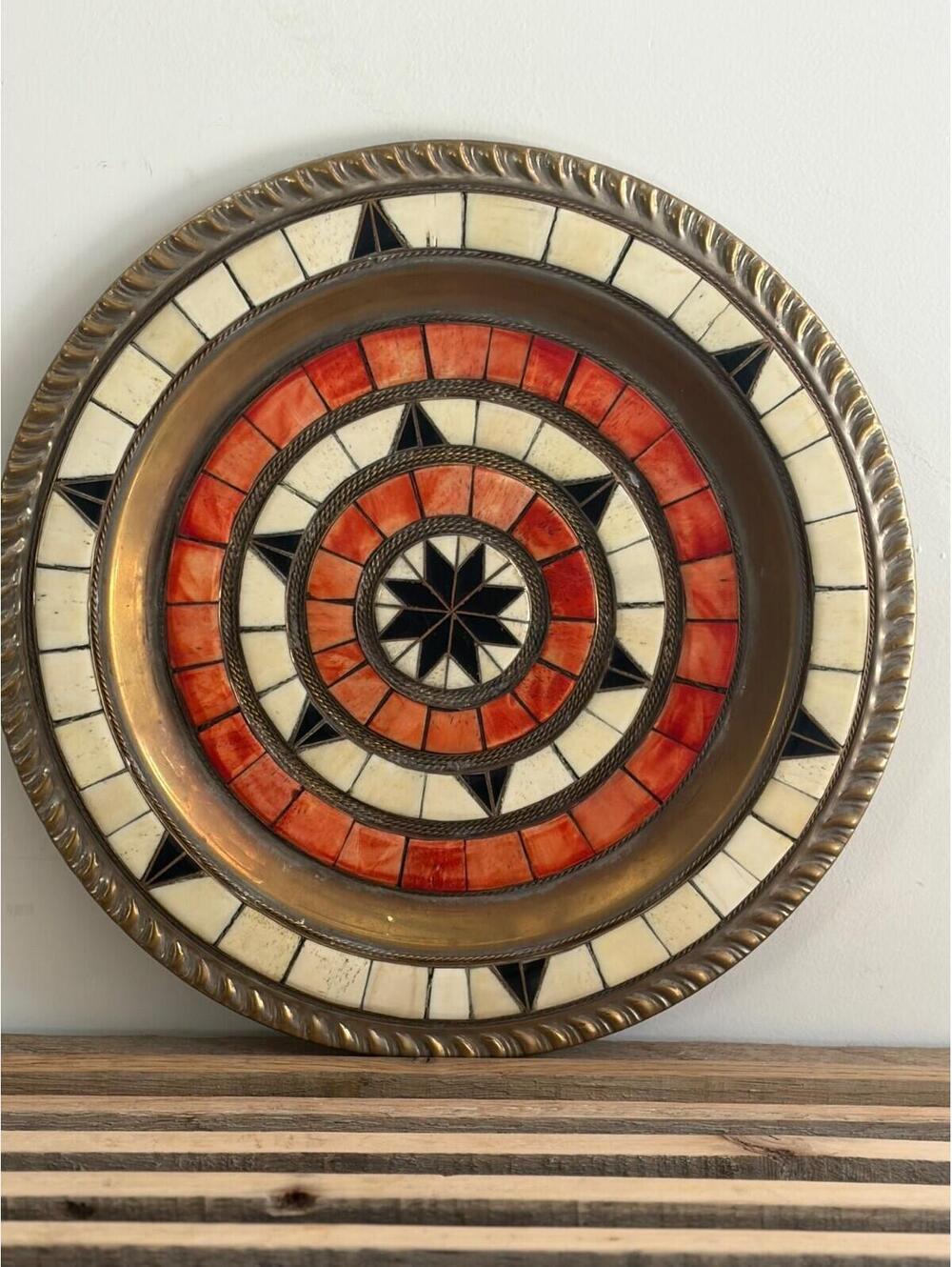 VTG DECORATIVE CERAMIC MOROCCAN PLATE METAL & CAMEL BONE Inlay black ivory orang
